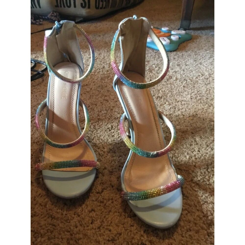 Y2K Rainbow Rhinestone Pastel Blue Stiletto Sandal Heels Size 10